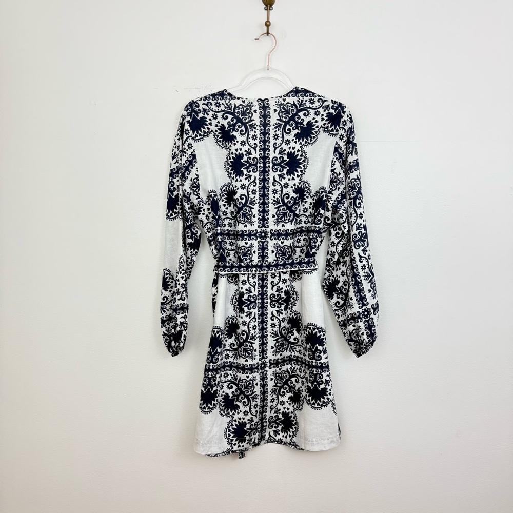 Boden V-Neck Tie Waist Mini Kaftan Navy and White Paisley - Picture 2 of 3